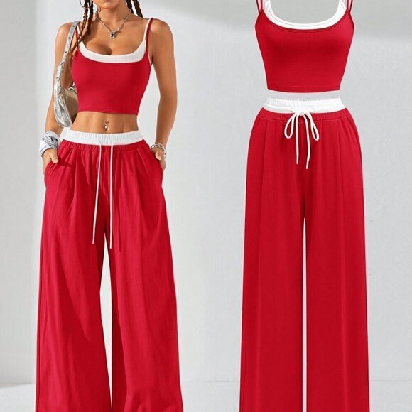 Red and White Casual Women's Sport Knit Tank Tops & Sweatpants - Picture 1 of 10